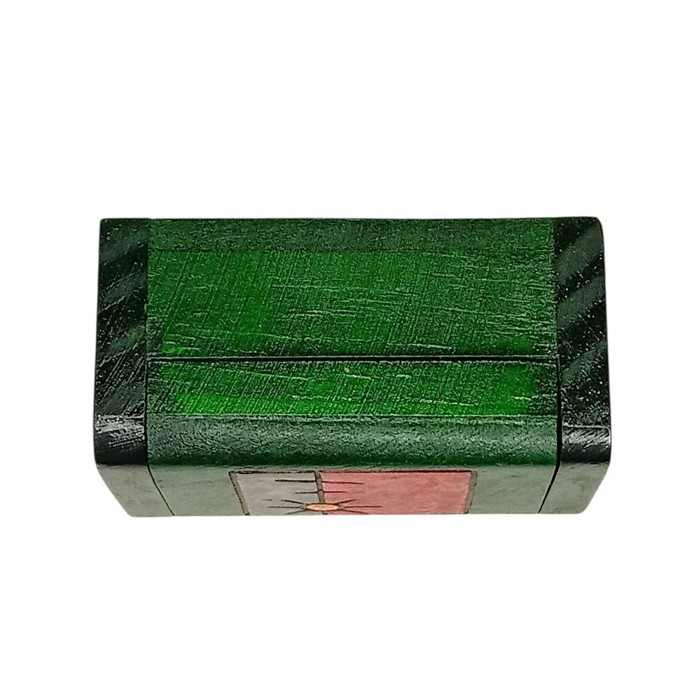 Vintage Carved Wood Trinket Box Green Red Brown With Sun From Colombia 3x2x1.25